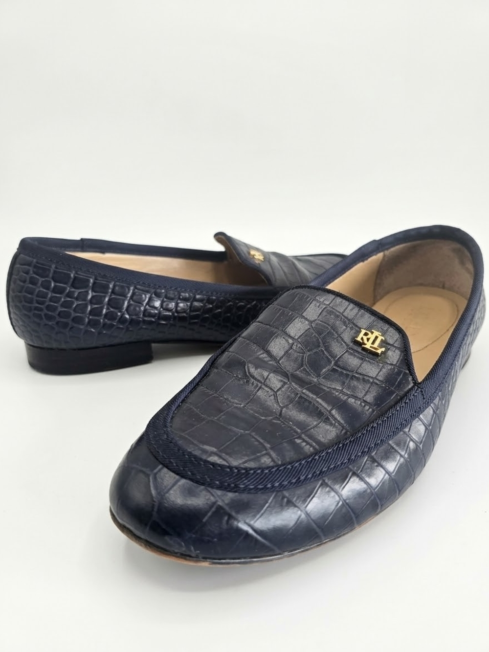 Ralph Lauren Navy Croc-Embossed Slip-On Loafers with Gold RL Accent